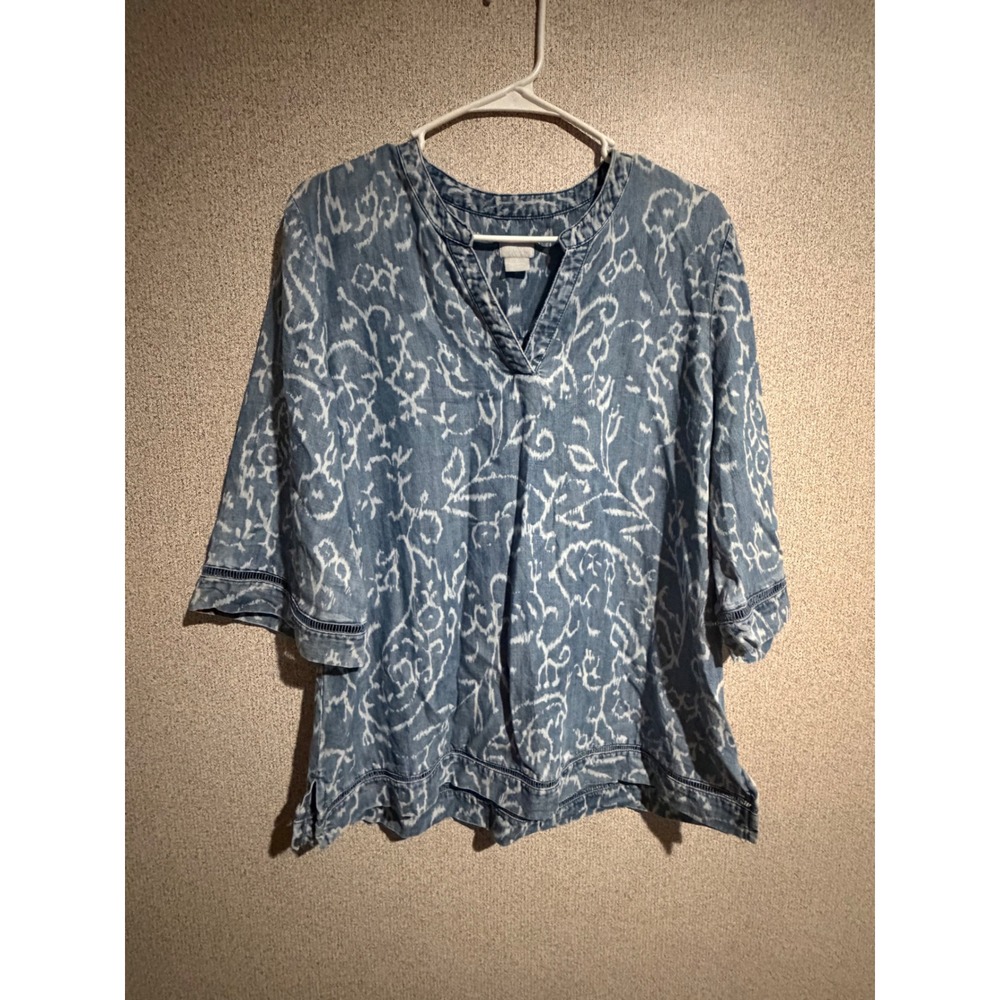 Chicos Blue Ikat Lyocell Tunic Top V-Neck 3/4 Sleeve Size 2 Large 12-14